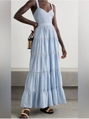 Love Shack Fancy blue/white stipe, tiered strapless maxi dress, 0